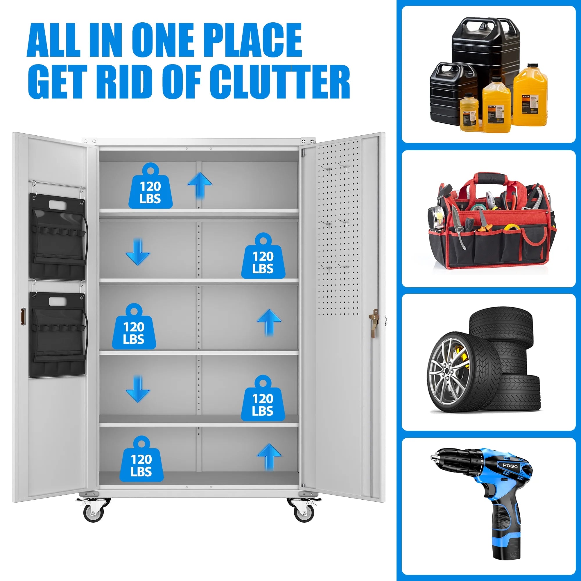 Wide & Deep Metal Storage Cabinet with 4-Shelf, Locking Doors, Adjustable Shelves, Freestanding Garage Cabinet, White, Assembly Required, 1 Count