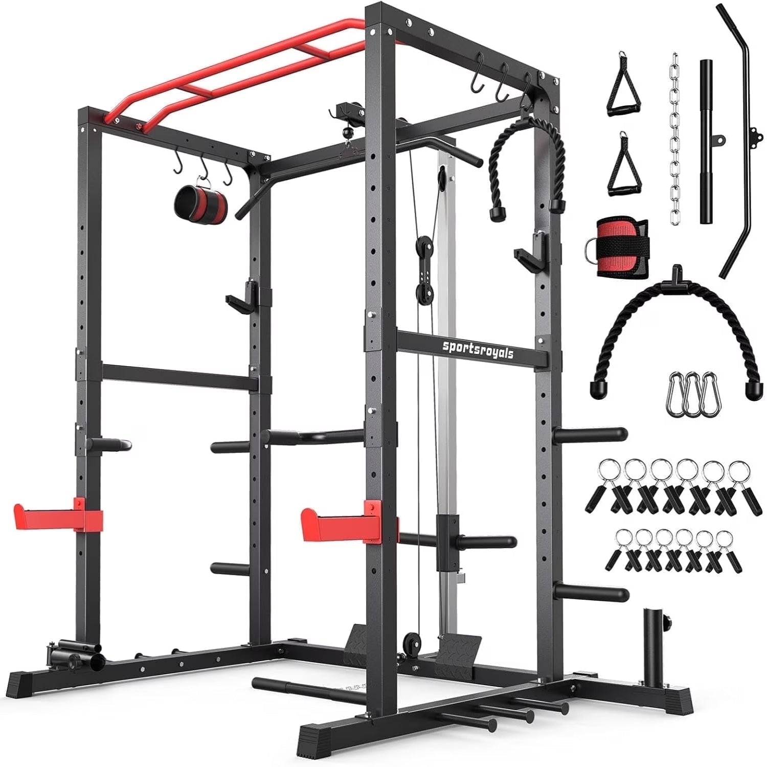 Power Cage,1200Lbs Multi-Function Power Rack with Adjustable Cable Crossover System Weight Cage for Home Gym,Red