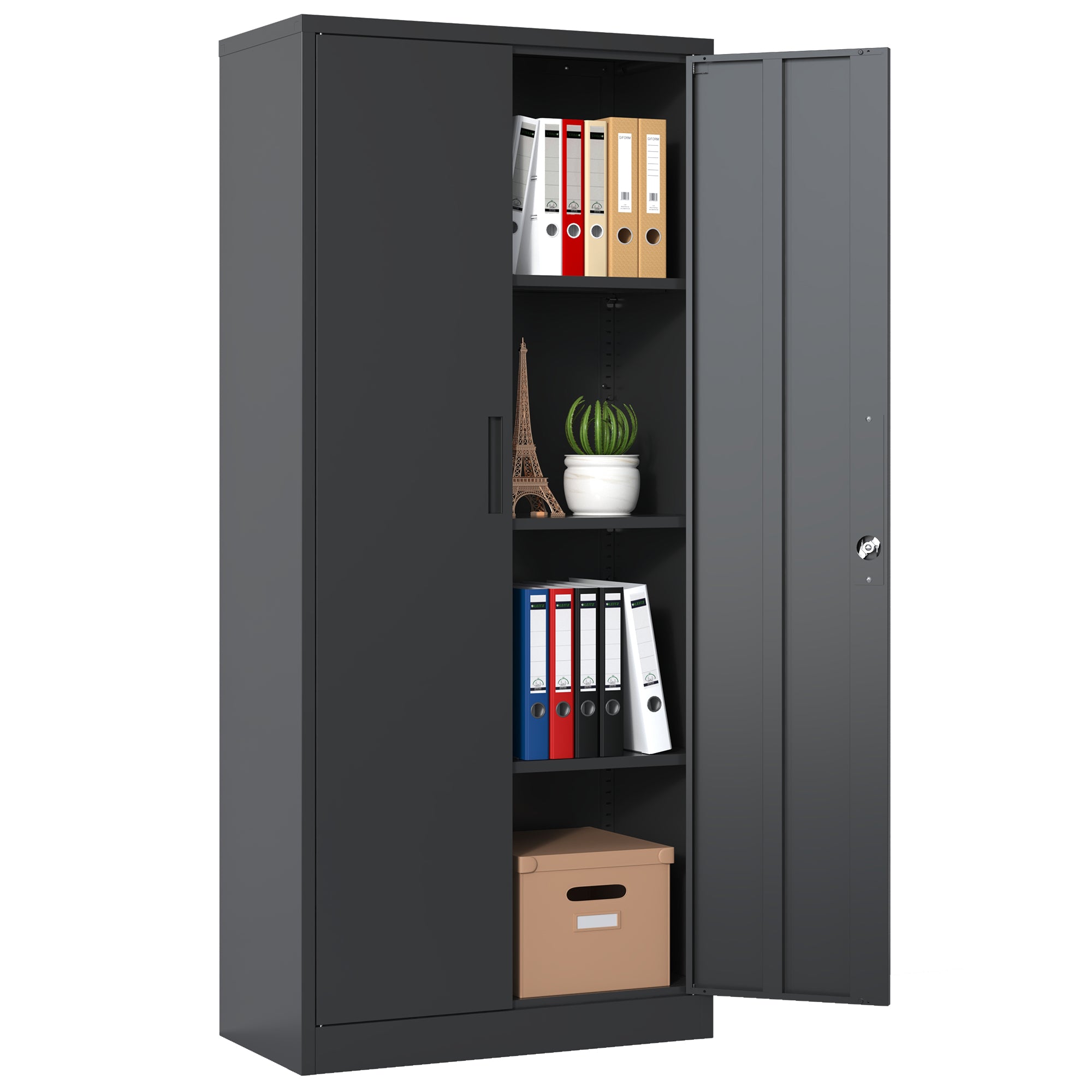 Metal Garage Storage Cabinet, Black Tool Steel Locking Cabinet with Doors and 3 Shelves, Tall Cabinets for Garage Storage Systems Lockable File Cabinet for Home Office, Classroom Pantry
