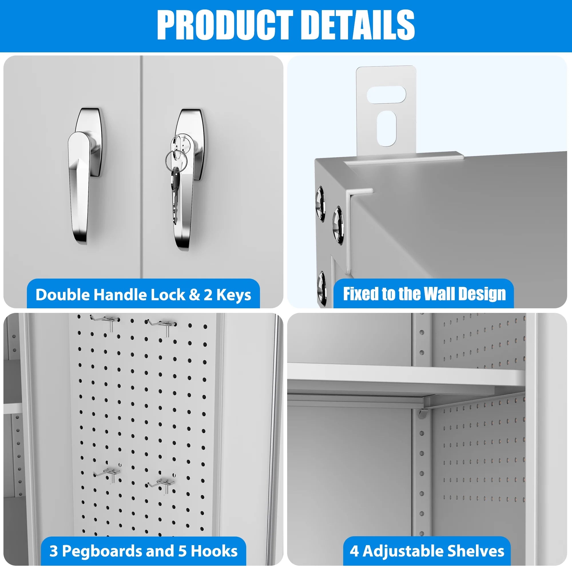 Wide & Deep Metal Storage Cabinet with 4-Shelf, Locking Doors, Adjustable Shelves, Freestanding Garage Cabinet, White, Assembly Required, 1 Count