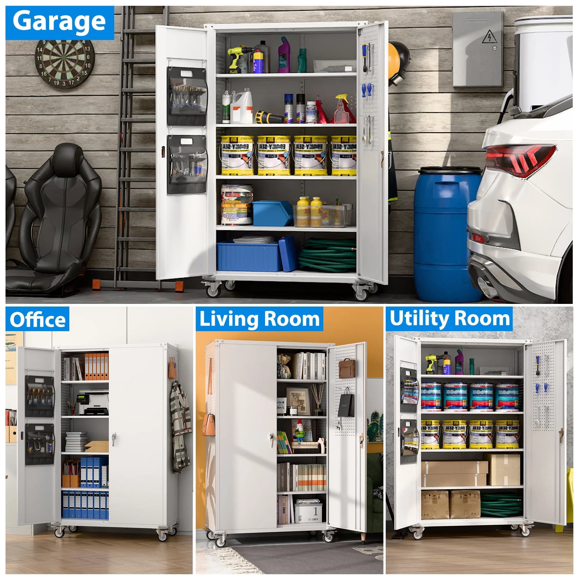 Wide & Deep Metal Storage Cabinet with 4-Shelf, Locking Doors, Adjustable Shelves, Freestanding Garage Cabinet, White, Assembly Required, 1 Count