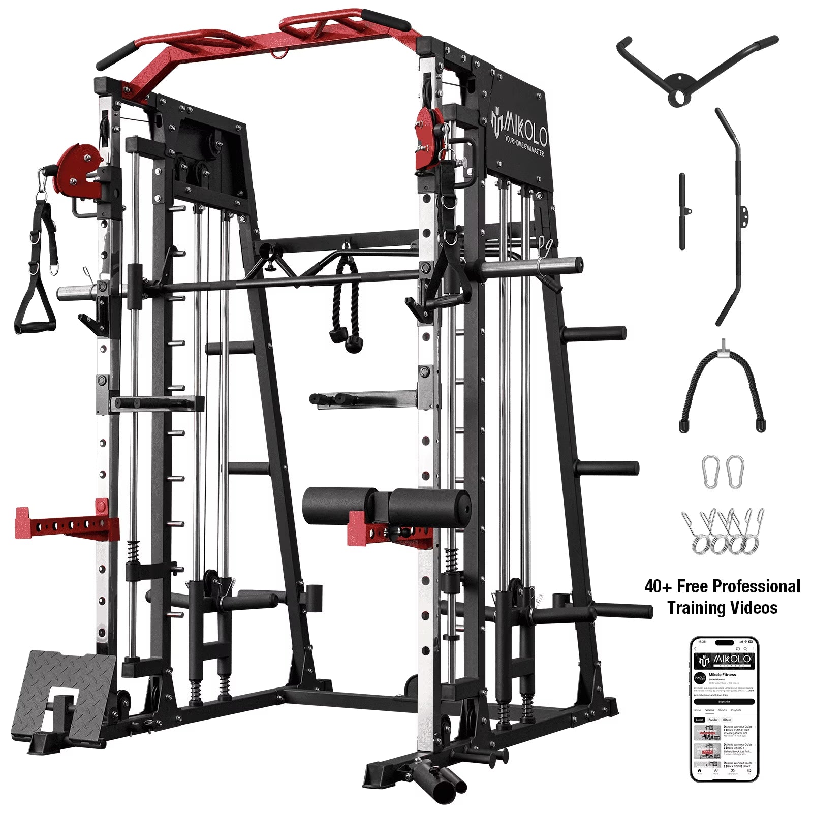 Smith Machine Home Gym, 2200 Lbs Power Rack Cage with Cable Crossover, Weight Bar, 360° Landmine, Barbell Holders and Other Attachments, Total Body Strength Training Cage