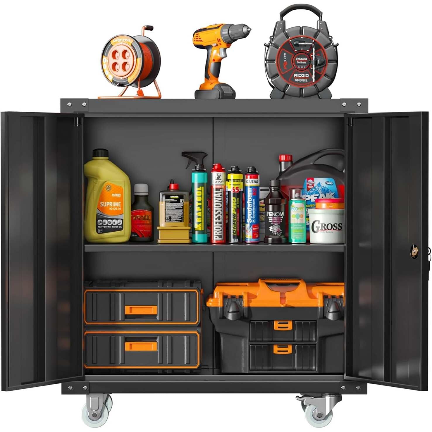 Metal Garage Storage Rolling Tool Cabinet with Locking Doors and Adjustable Shelves