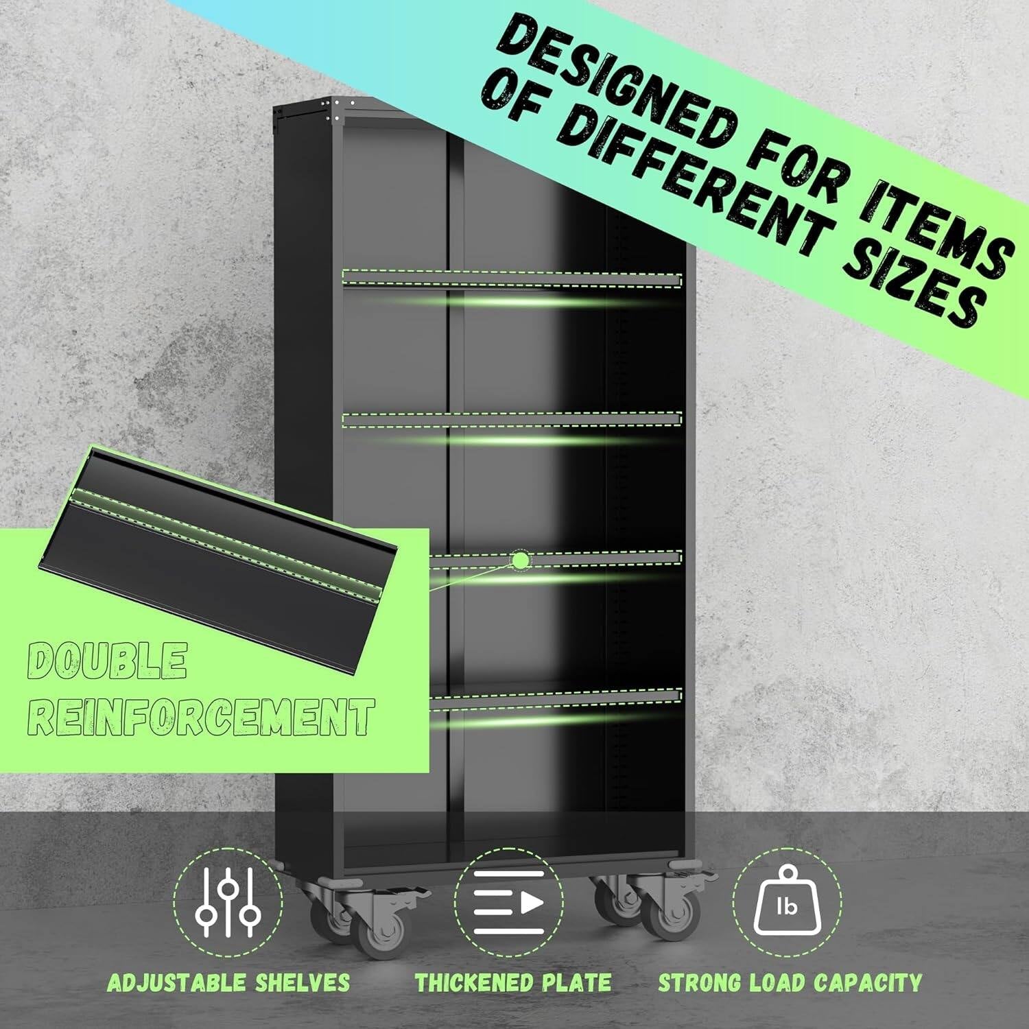 Metal Garage Storage Rolling Tool Cabinet with Locking Doors and Adjustable Shelves